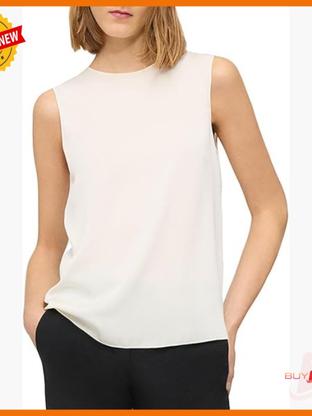 Silk Sleeveless Shell Top, Crew Neck, Keyhole Back, Work Style